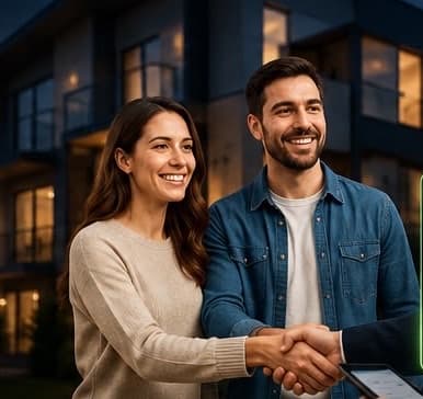 A couple shaking hands with a landlord outside a home at dusk